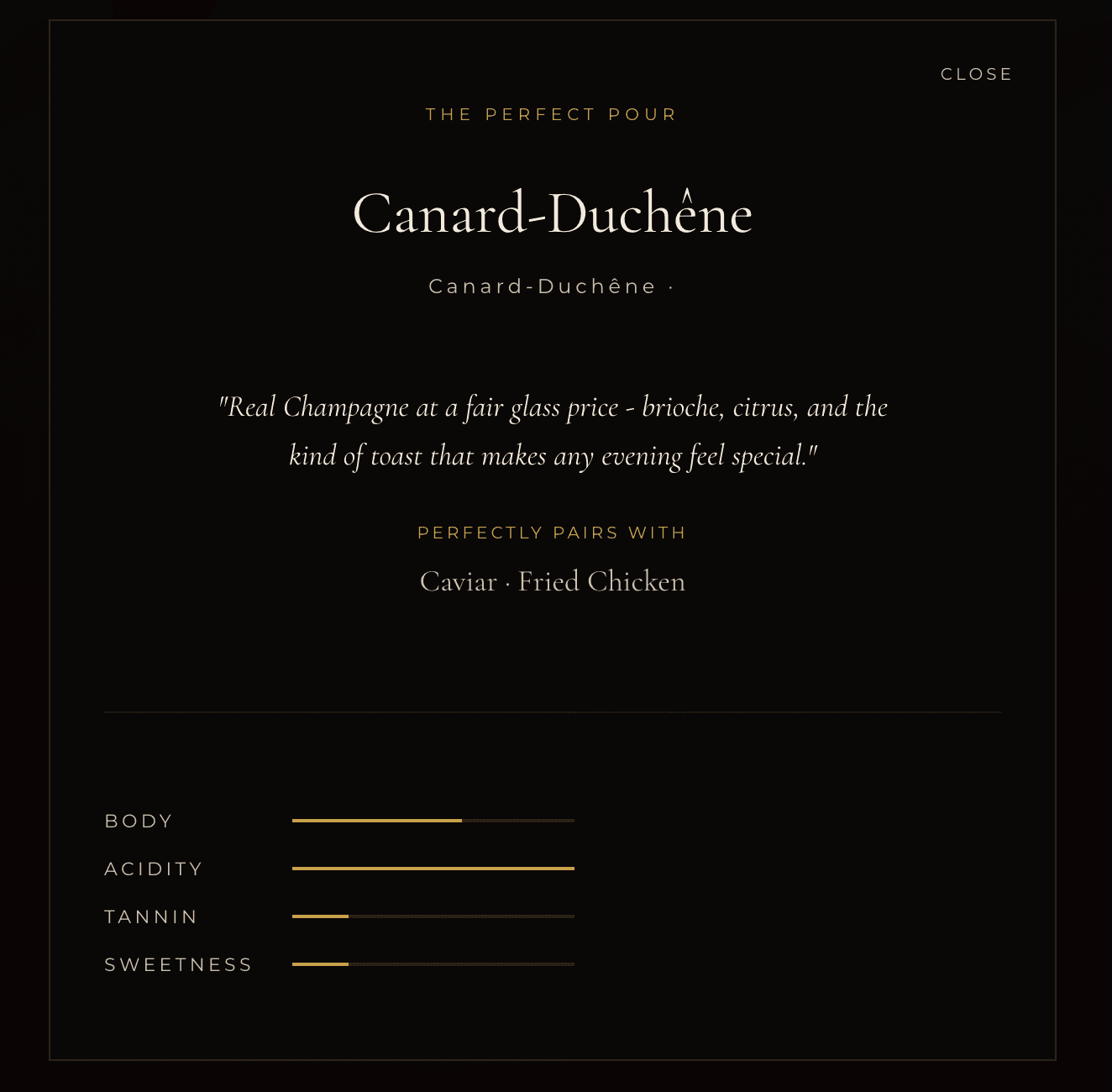 Ask the Sommelier recommendation output with pairing rationale
