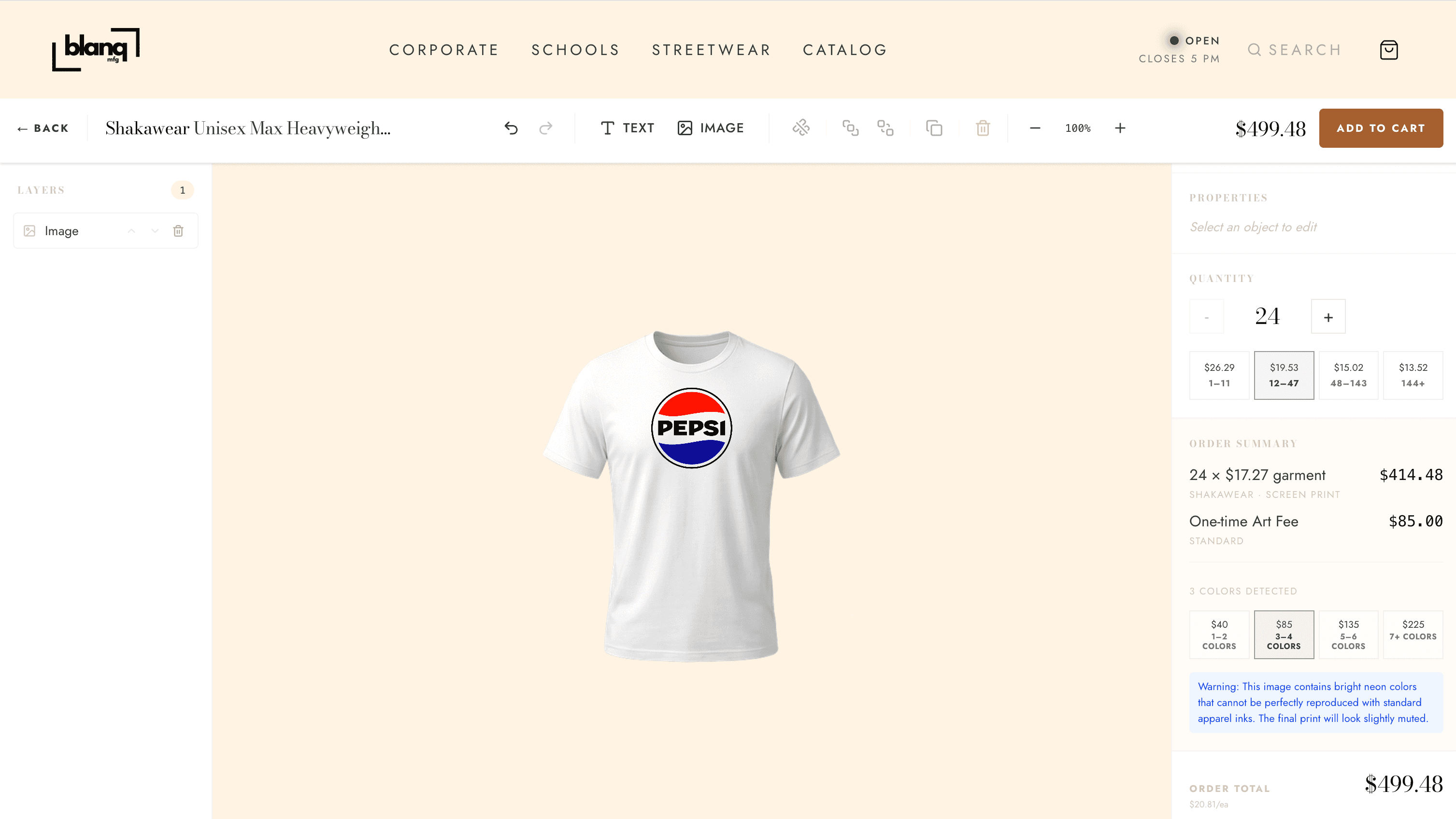Blanq MFG self-serve product designer with live pricing and order controls