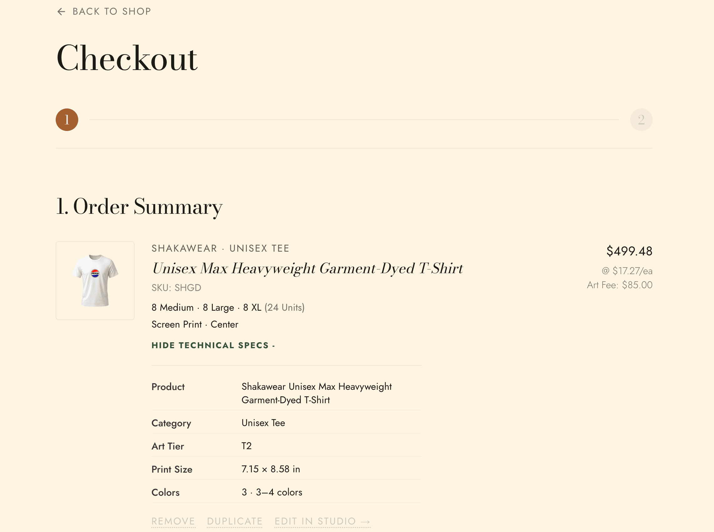 Blanq MFG checkout order summary with pricing, quantities, and production details