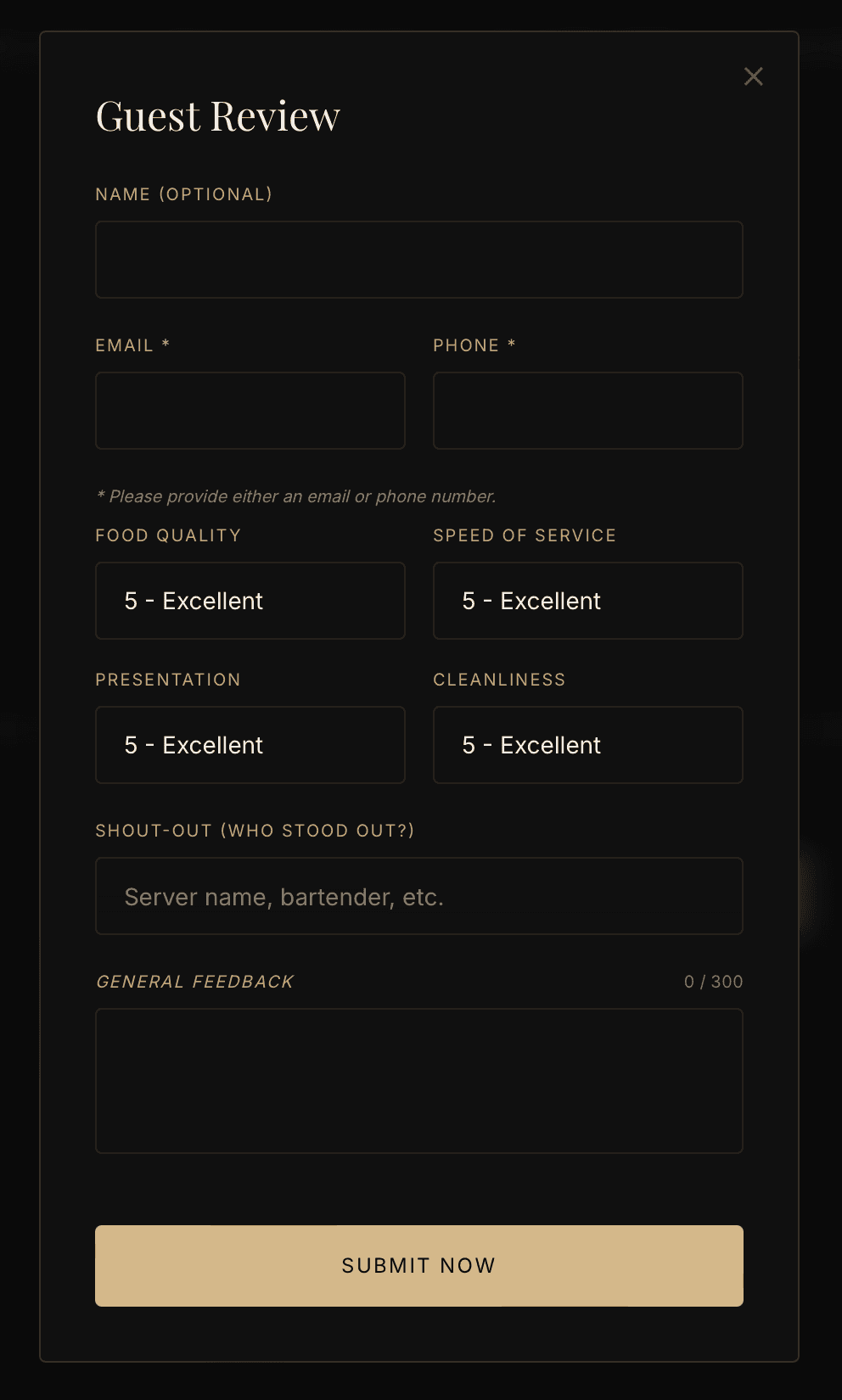 Guest review form capturing private feedback and service ratings