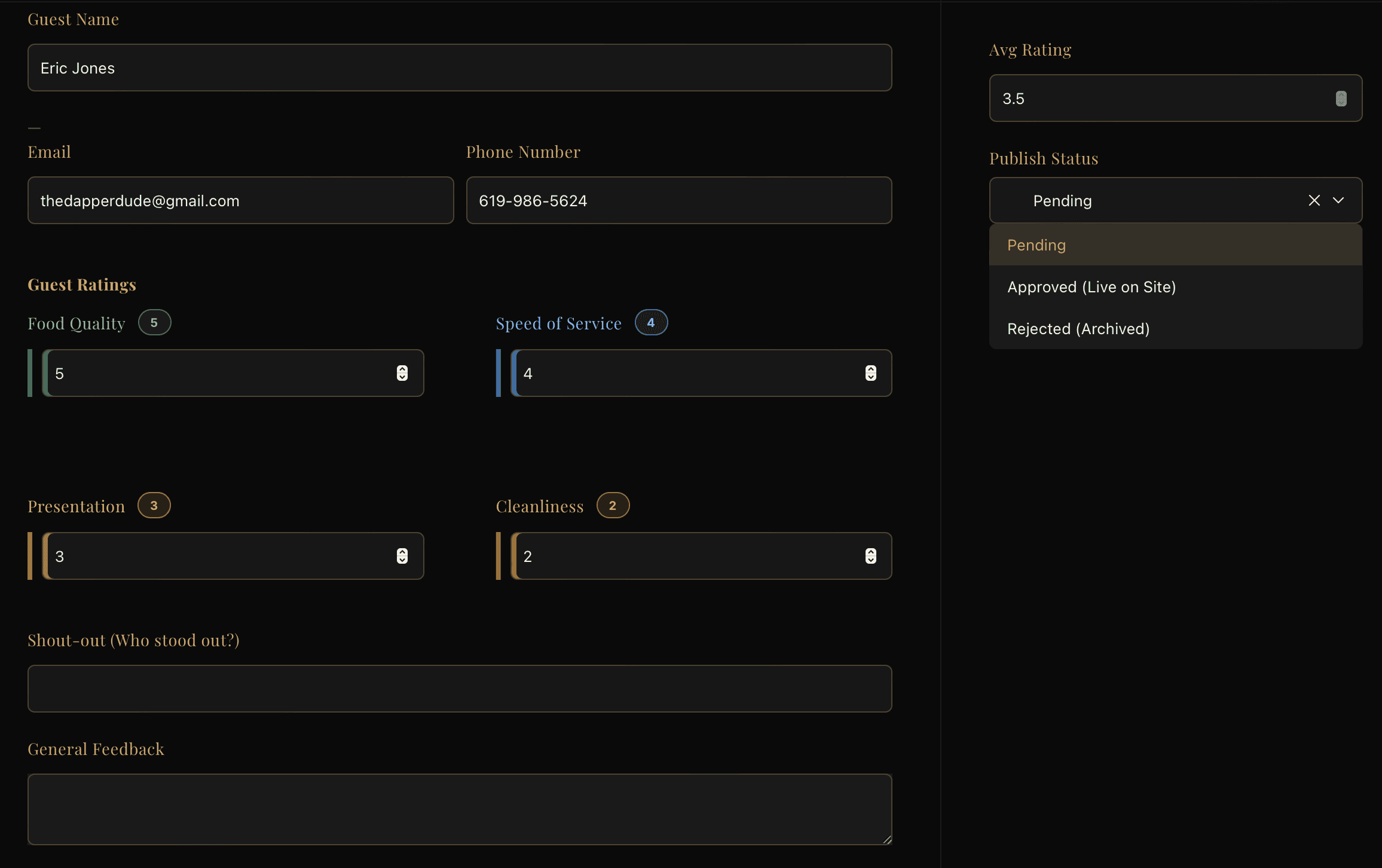 Review detail screen with rating breakdown and publish status routing